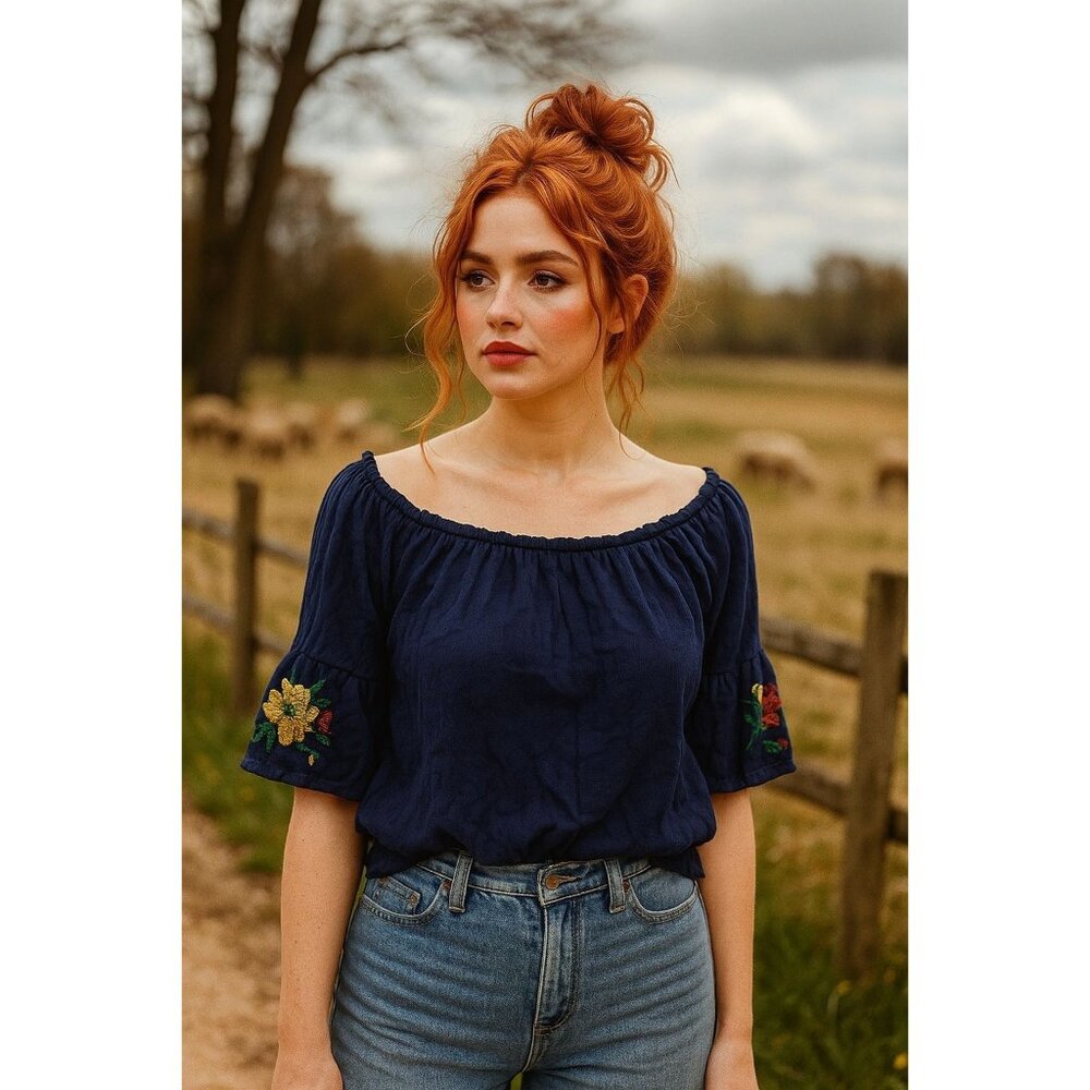 Love Tree Me Boho Off-Shoulder Top Floral Embroidered Bell Sleeves Peasant Shirt